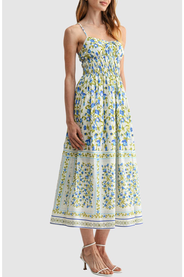 Smocked Waist Midi Dress, Alternate, color, IVORY BLUE FLORAL