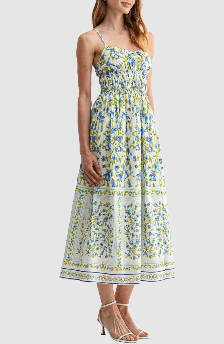 Lush Smocked Waist Midi Dress, Alternate, color, Ivory Blue Floral
