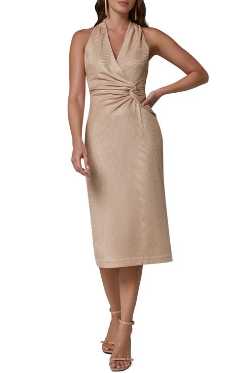 Knotted Metallic Halter Sheath Dress