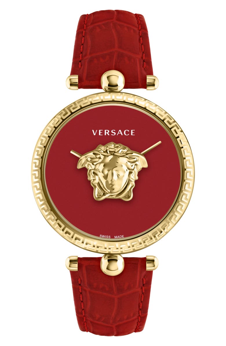 Versace Palazzo Empire Two Hand Quartz Leather Strap Watch, 39mm, Main, color, Gold