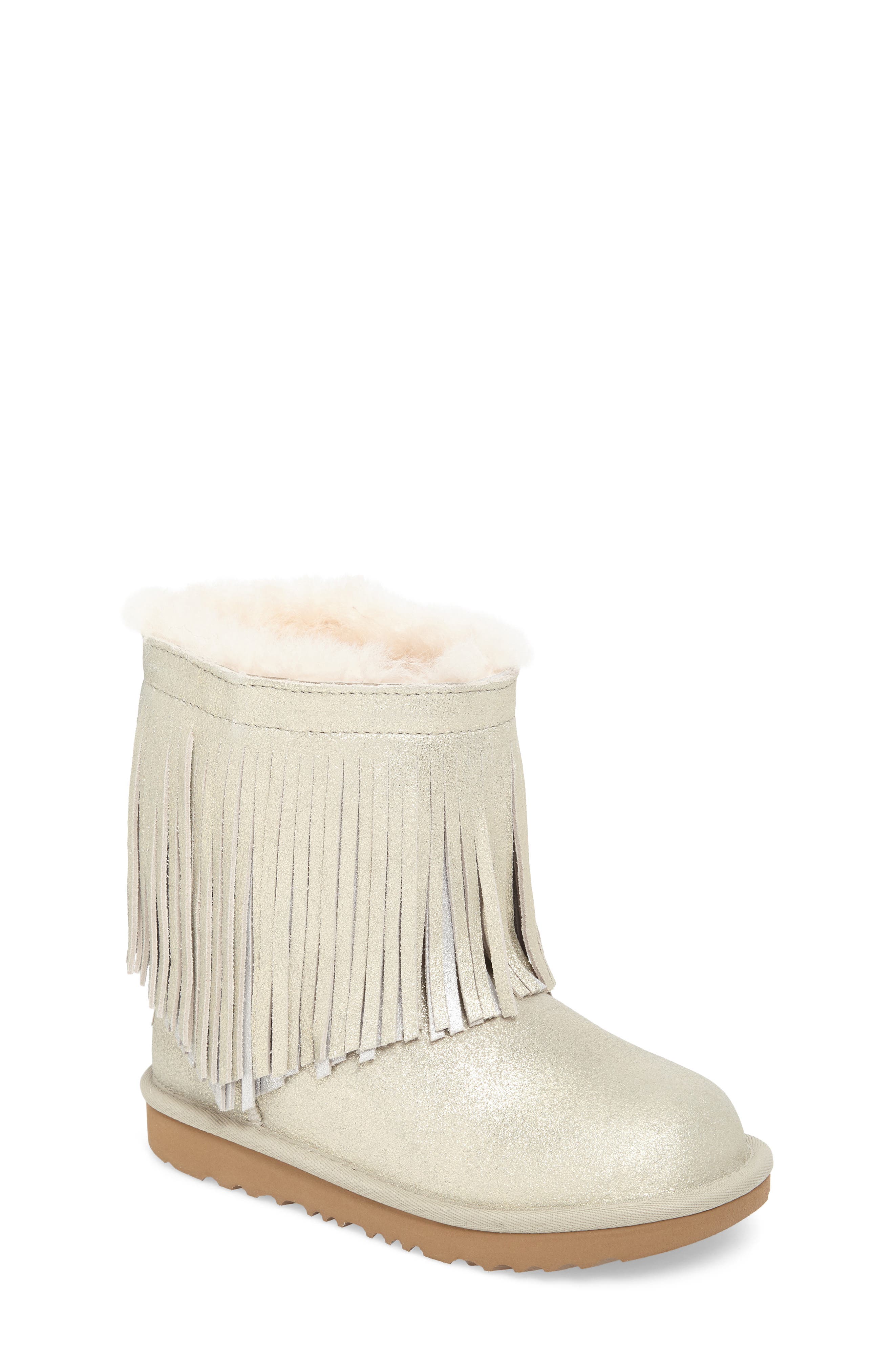 UGG<sup>®</sup> Classic Short II Genuine Shearling Metallic Fringe Bootie, Main, color, 