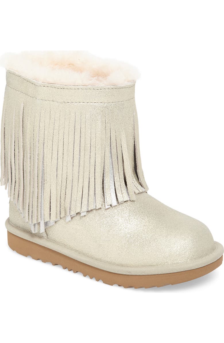 UGG<sup>®</sup> Classic Short II Genuine Shearling Metallic Fringe Bootie, Main, color,