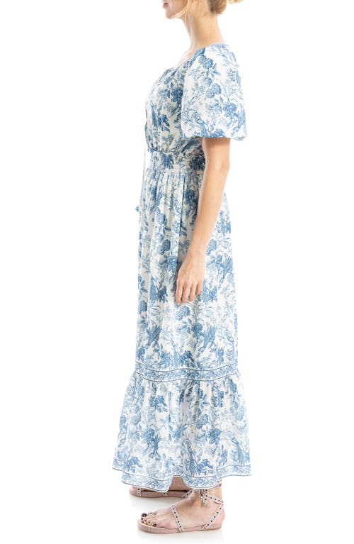 Max Studio Bubble Sleeve Tiered Maxi Dress In Cream/blue Bird Toile
