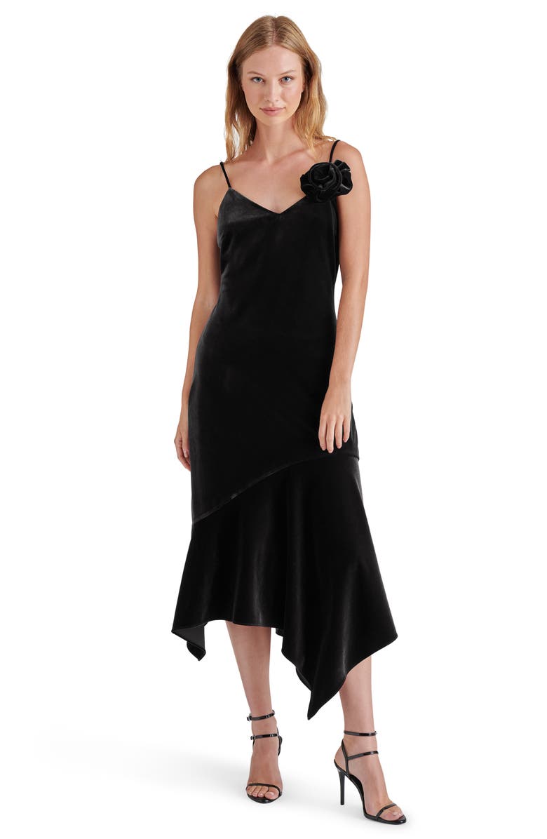 Steve Madden Lucille Rosette Detail Asymmetric Velvet Dress, Alternate, color, Black