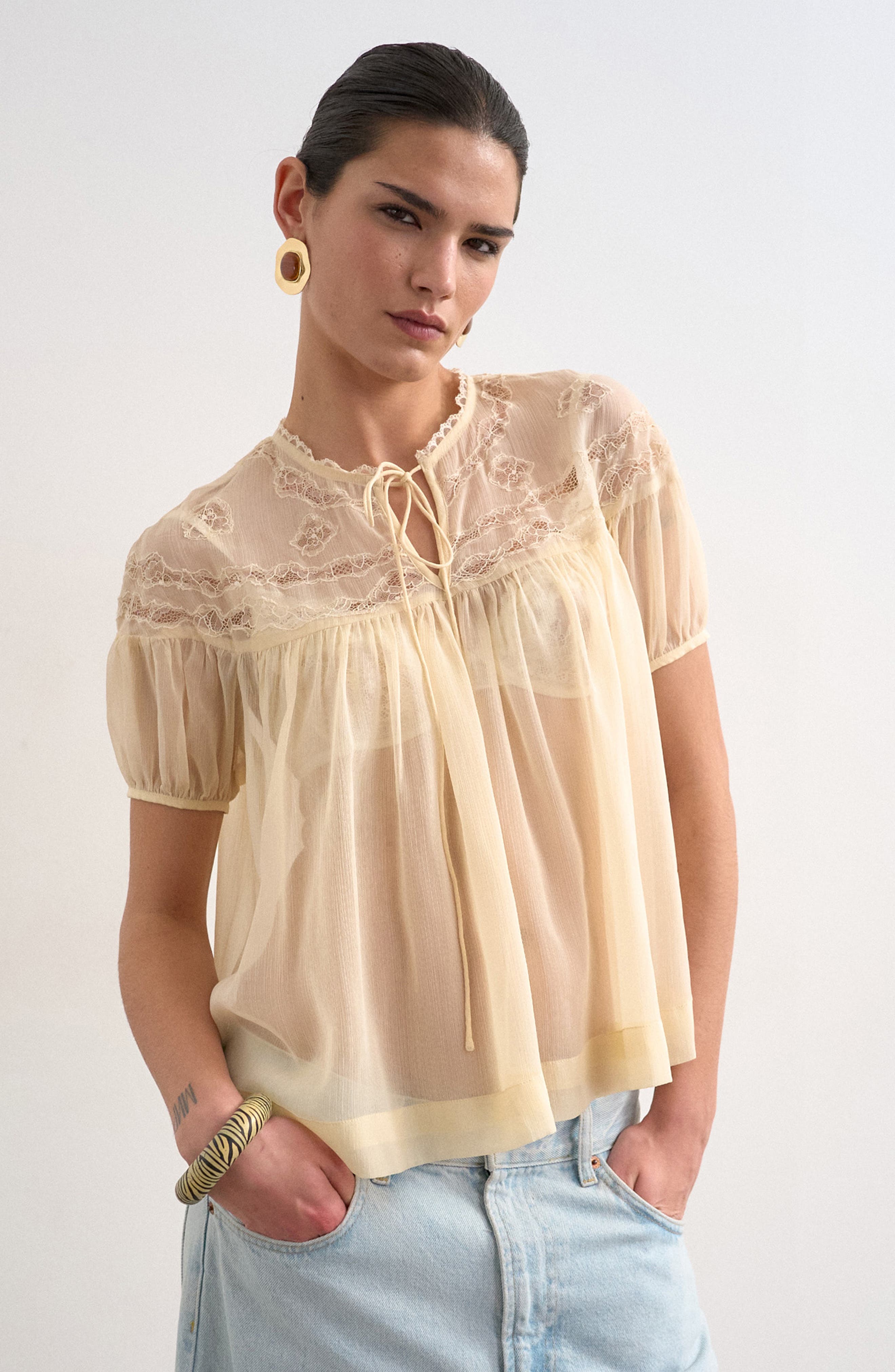 Sheer Tie Neck Lace Trim Top