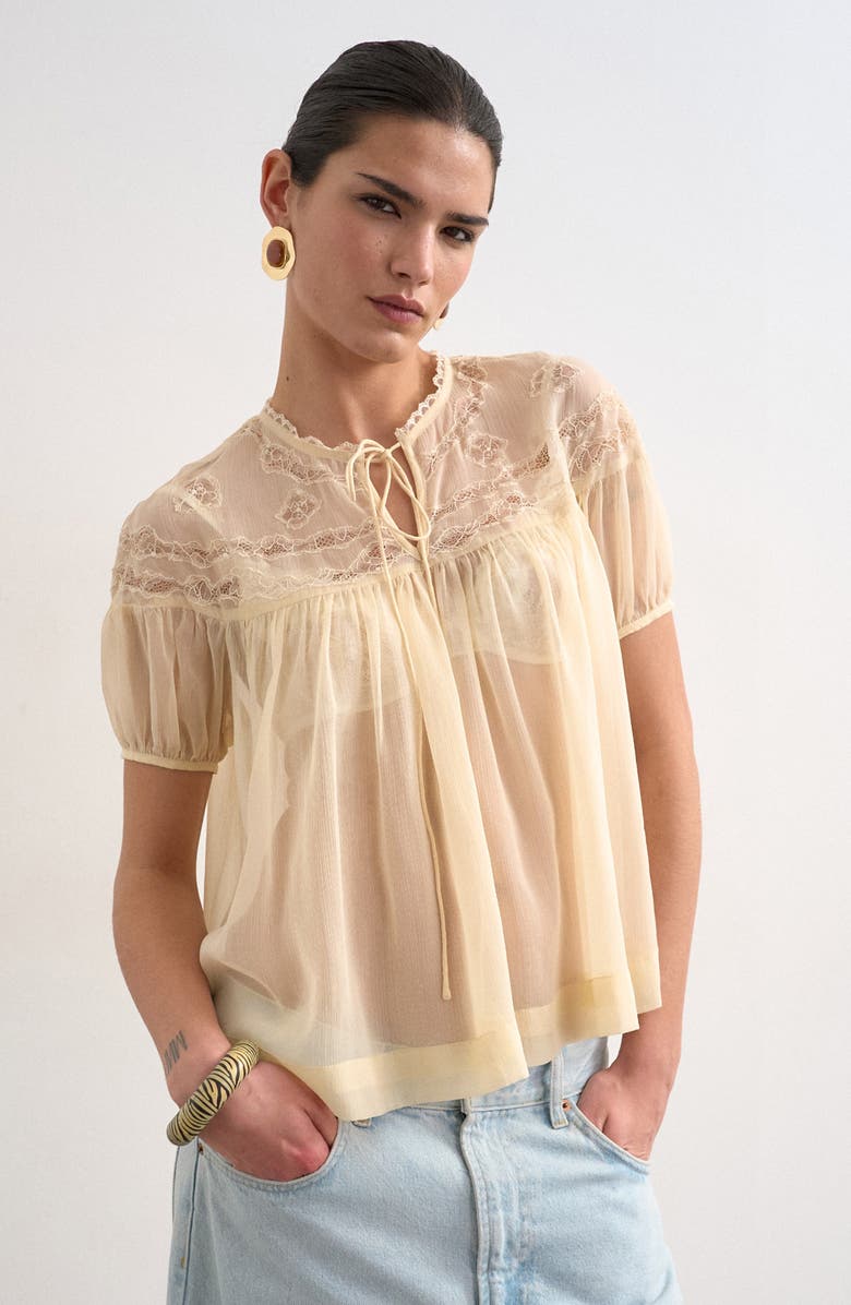 Topshop Sheer Tie Neck Lace Trim Top, Main, color, Ivory