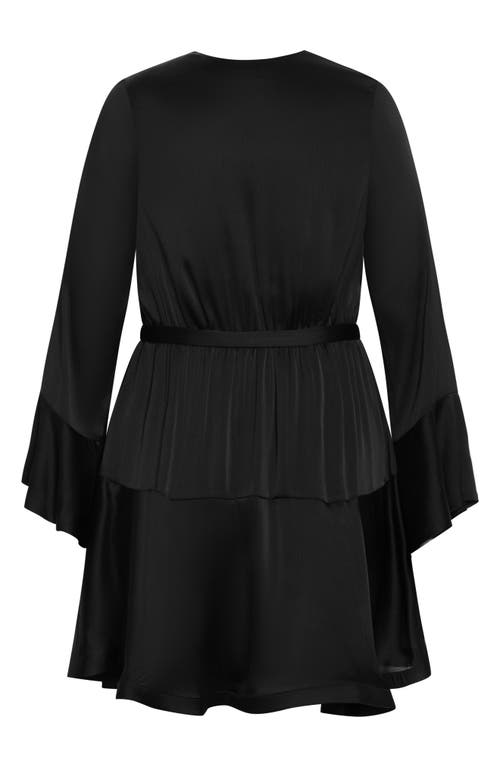 City Chic Cherrie Tie Belt Long Sleeve Satin Minidress In Black