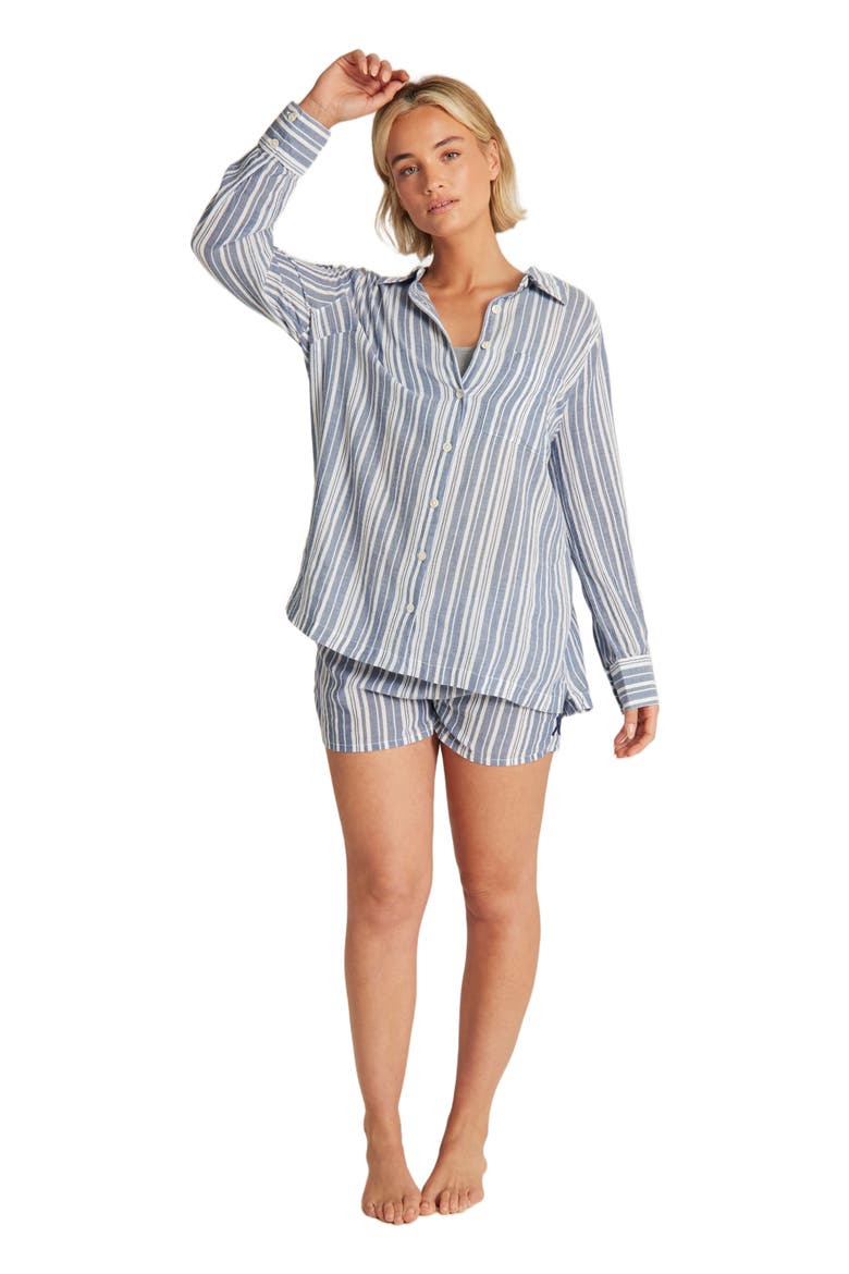 The Relaxed Button Up Midi Shirt, Main, color, Navy Blue Stripe