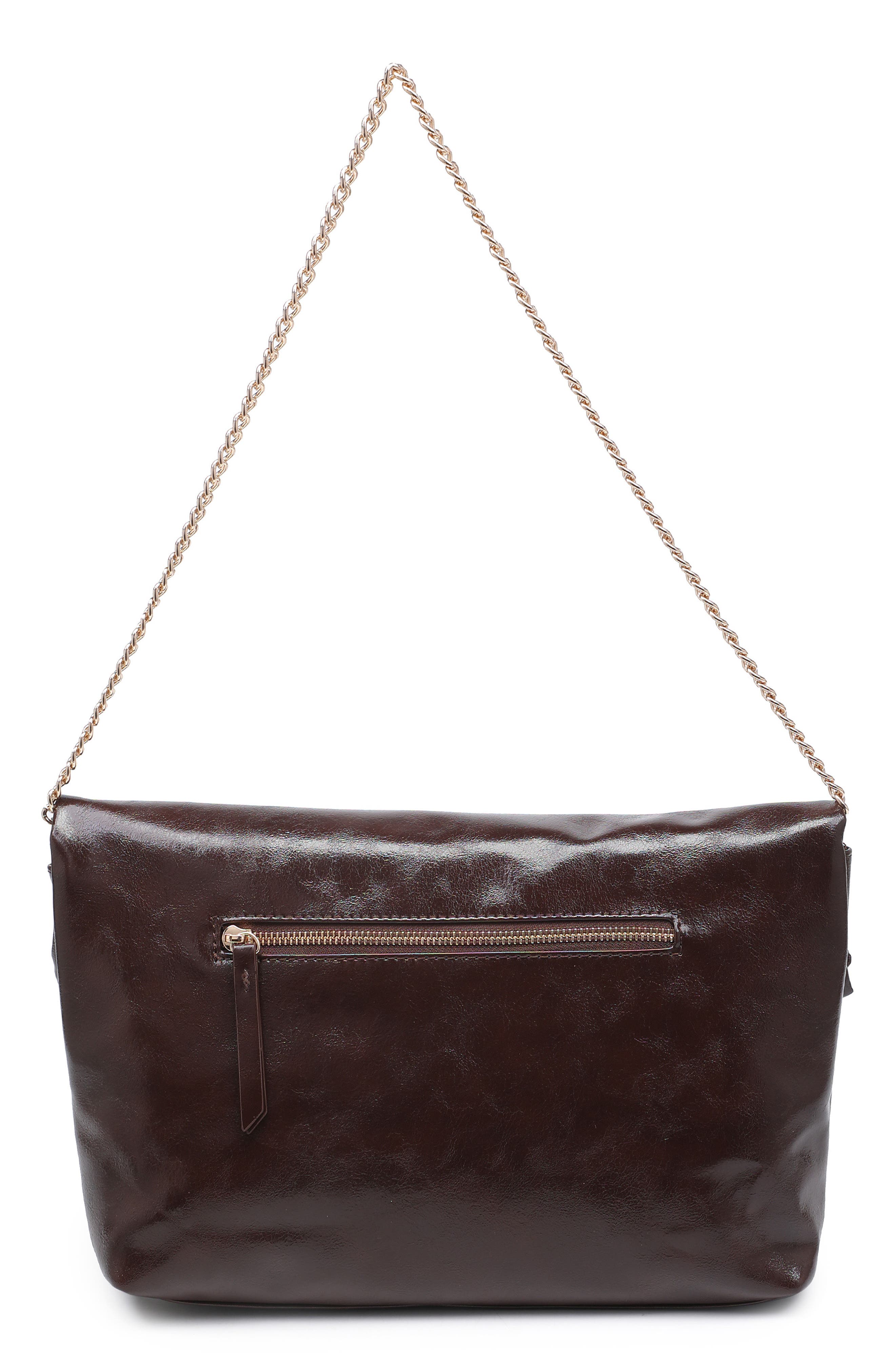 Faux Leather Foldover Clutch, Alternate, color, CHOCOLATE
