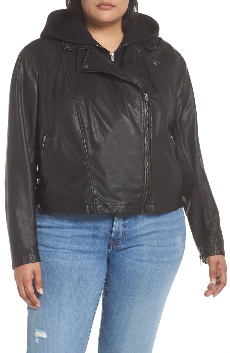 Caslon<sup>®</sup> Hooded Leather Jacket with Removable Hood, Alternate, color,