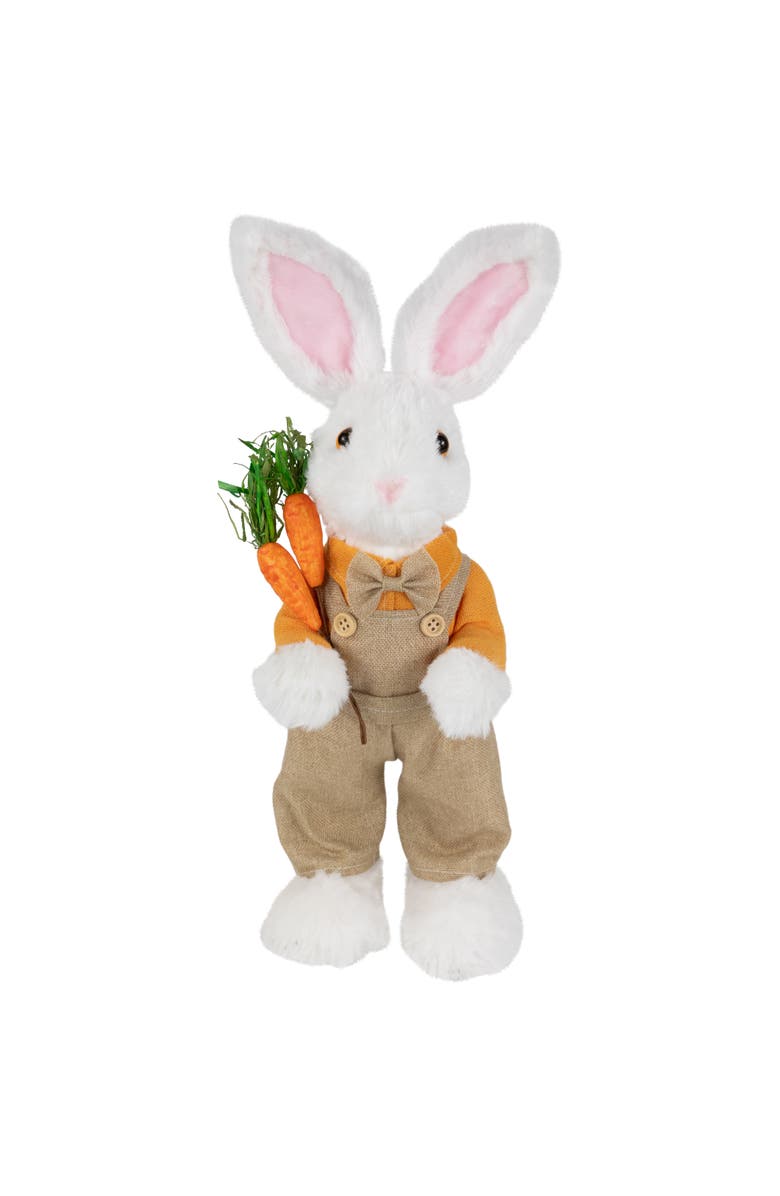 Northlight Plush Standing Boy Rabbit with Overalls Easter Figure - 15" - White and Tan, Main, color, White