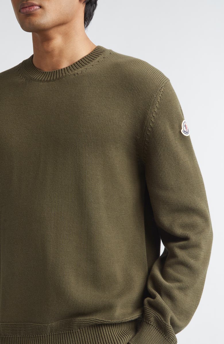 Moncler Logo Patch Cotton Crewneck Sweater, Alternate, color, Amber Toned Olive