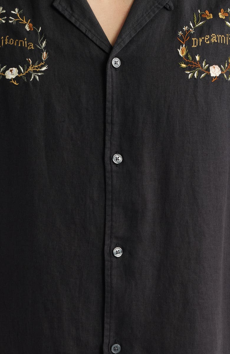 AllSaints Klavicle California Dreamin' Embroidered Linen Camp Shirt, Alternate, color, Jet Black