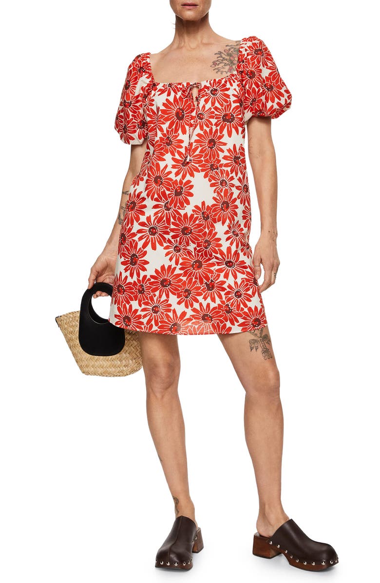 MANGO Floral Puff Sleeve Cotton Shift Dress, Main, color, 