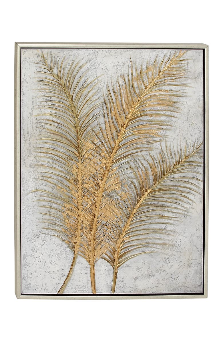 COSMO BY COSMOPOLITAN Goldtone Canvas Leaf Framed Wall Art with Silvertone Frame, Alternate, color, Gold