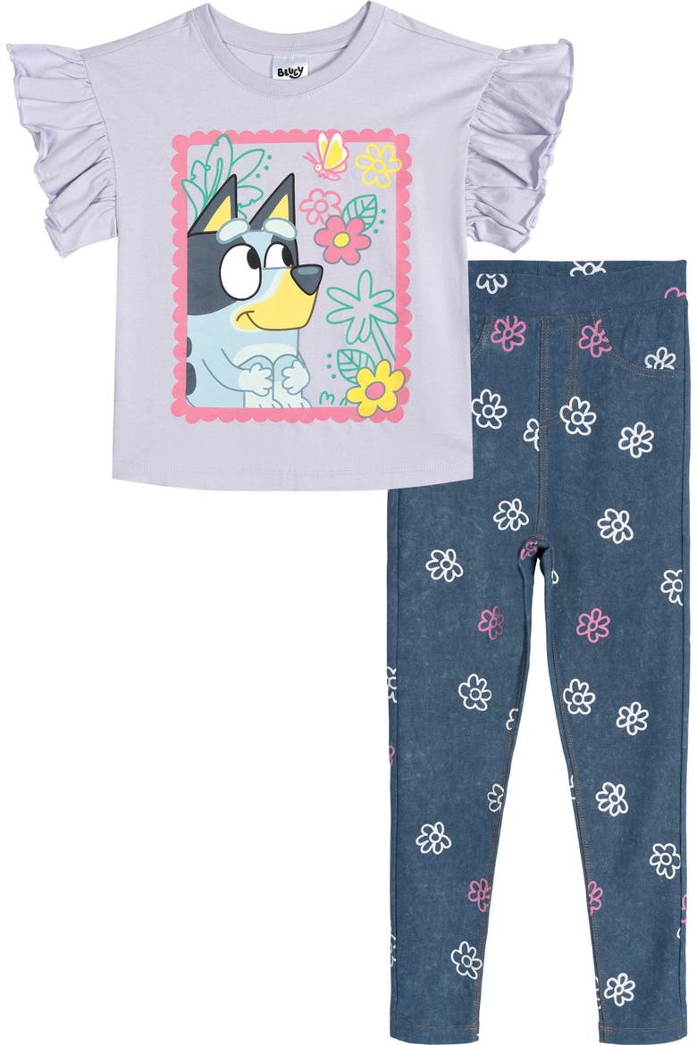 Ruffle T-Shirt and Denim Jeggings Set, Main, color, Bluey Lavender Blue