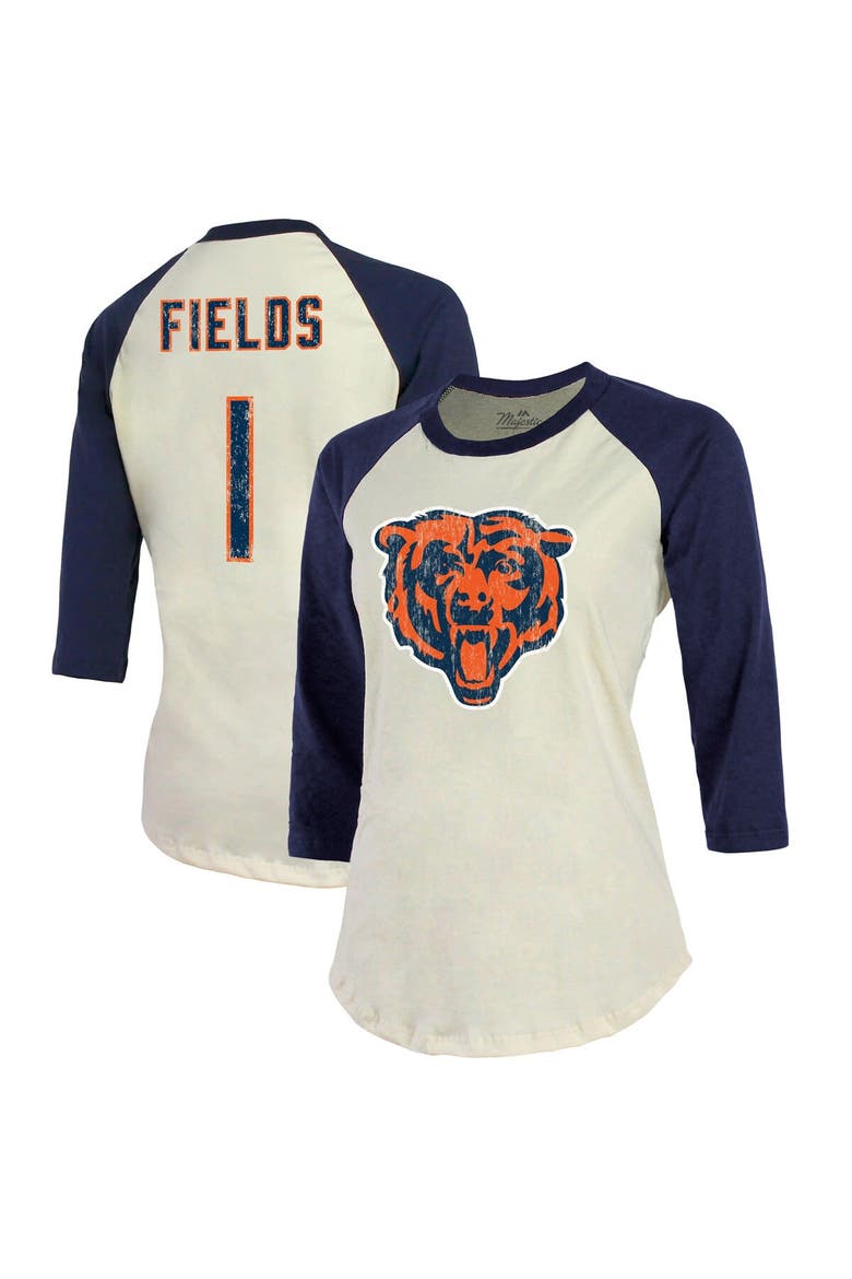 Women's Majestic Threads Justin Fields Cream/Navy Chicago Bears Player Raglan Name & Number Fitted 3/4-Sleeve T-Shirt, Main, color, Cream