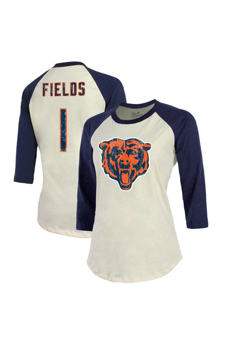 Majestic Threads Women's Majestic Threads Justin Fields Cream/Navy Chicago Bears Player Raglan Name & Number Fitted 3/4-Sleeve T-Shirt, Main, color,