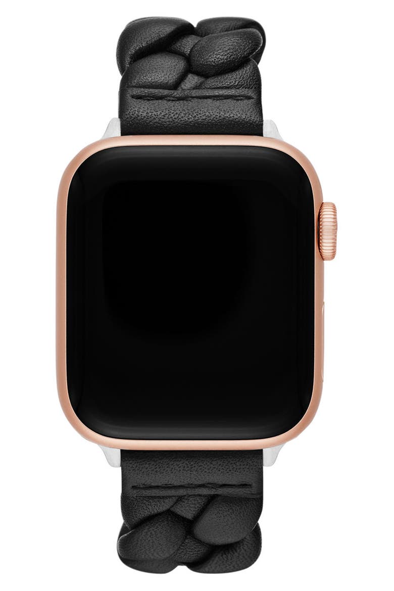 braided leather 20mm Apple Watch® watchband, Alternate, color, BLACK