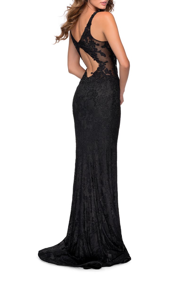 La Femme Long Lace Dress with Plunging Neckline, Alternate, color, Black
