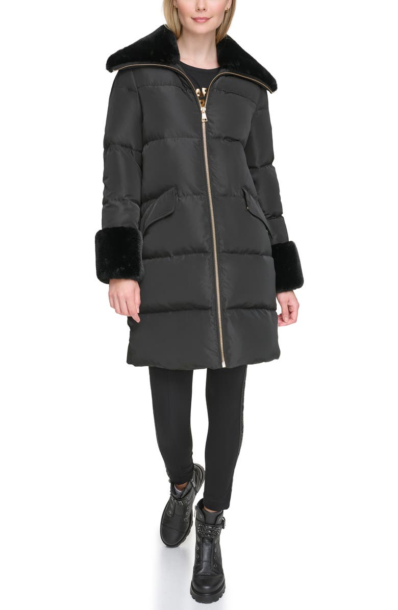 KARL LAGERFELD PARIS Down & Feather Puffer Coat with Faux Fur Trim, Alternate, color, 