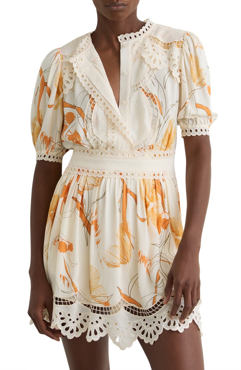 Reiss Lacey Print Eyelet Minidress, Alternate, color, Ivory/ Pink