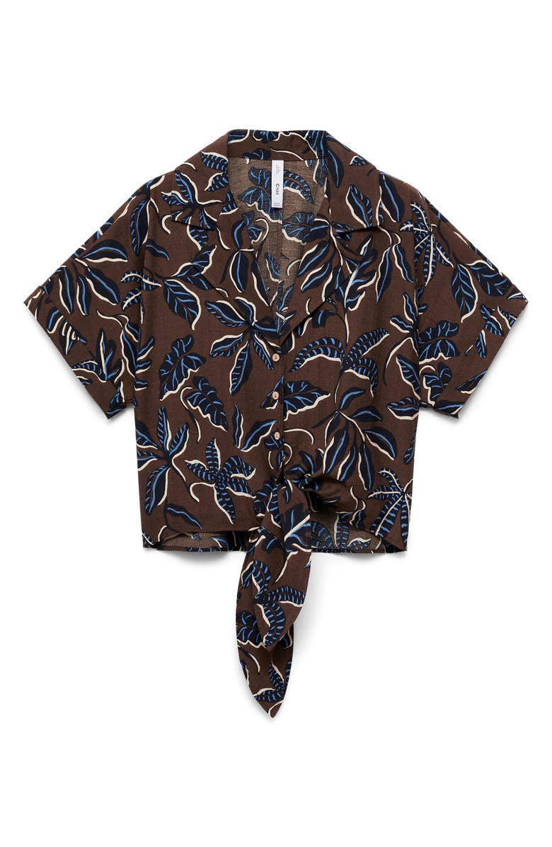 MANGO Print Tie Hem Crop Shirt, Alternate, color, Brown