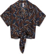 MANGO Print Tie Hem Crop Shirt