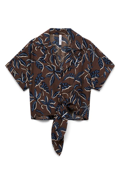 Mango Print Tie Hem Crop Shirt In Brown
