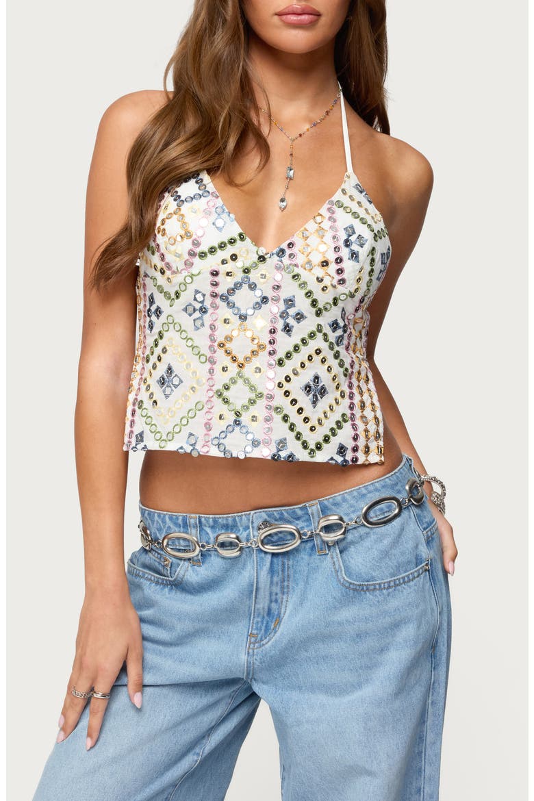 Embroidered Sequin Open Back Top, Main, color, MIX
