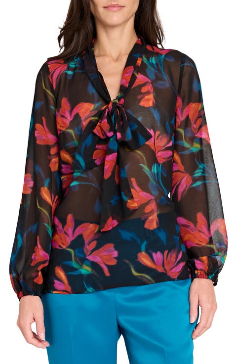 Floral Bow Neck Chiffon Top