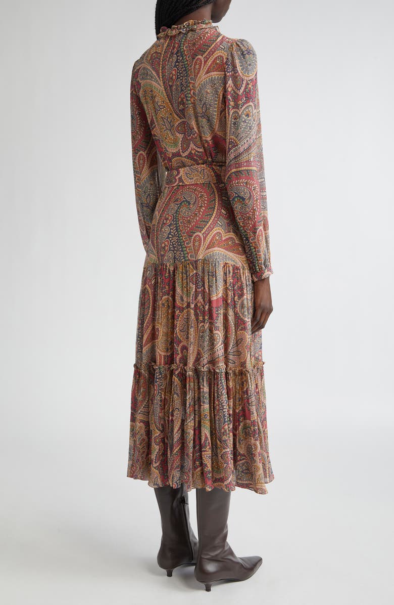 Etro Paisley Print Long Sleeve Belted Crepon Midi Dress, Alternate, color, Bordeaux