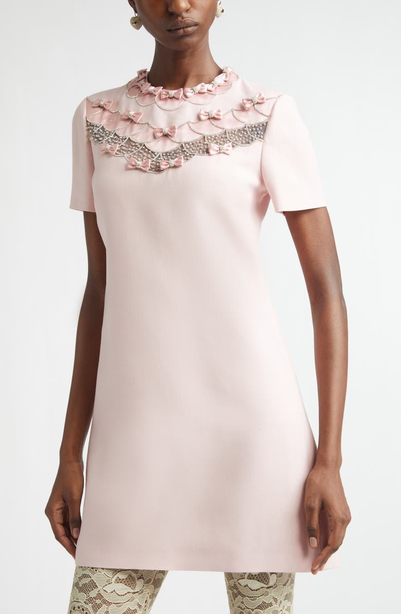 Valentino Crystal Bow Crepe Couture Minidress, Alternate, color, Rose