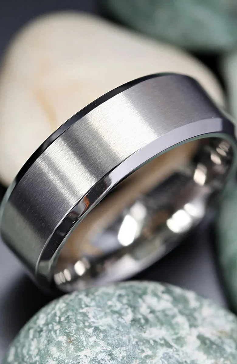 Larson Jewelers Shire Titanium Flat Wedding Ring Brushed Center With Polished Beveled Edges, Alternate, color, Silver 8Mm
