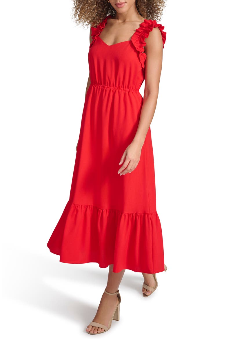 Ruffle Sleeveless Fit & Flare Midi Dress, Alternate, color, RED