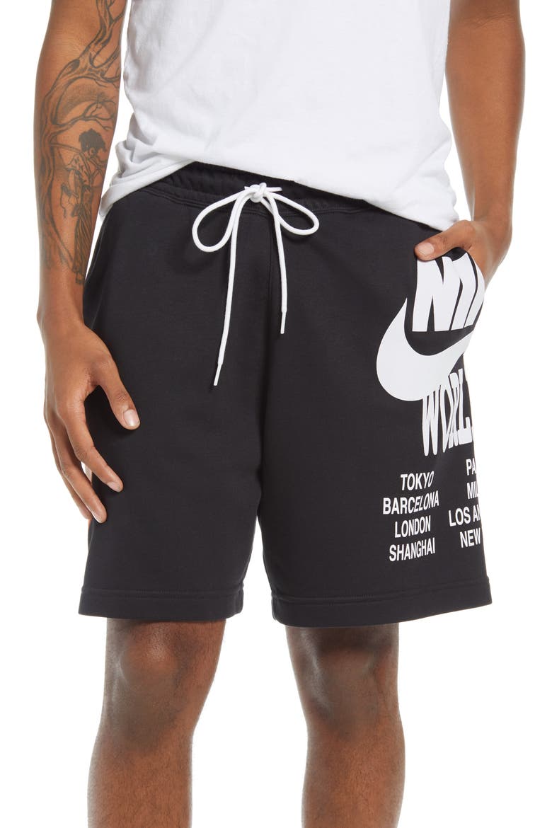 Sportswear World Tour Graphic Drawstring Shorts, Main, color, BLACK