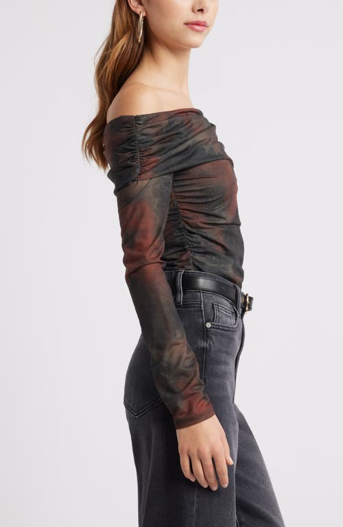 Open Edit Off The Shoulder Knit Top In Olive- Rust Mineralized Print