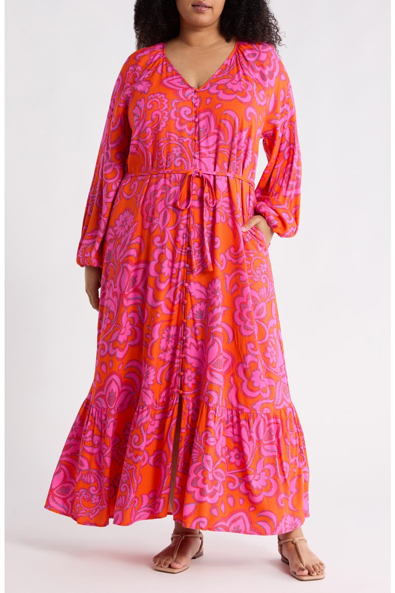 Marinda Floral Print Long Sleeve Maxi Dress, Main, color, ORANGE-FUCHSIA