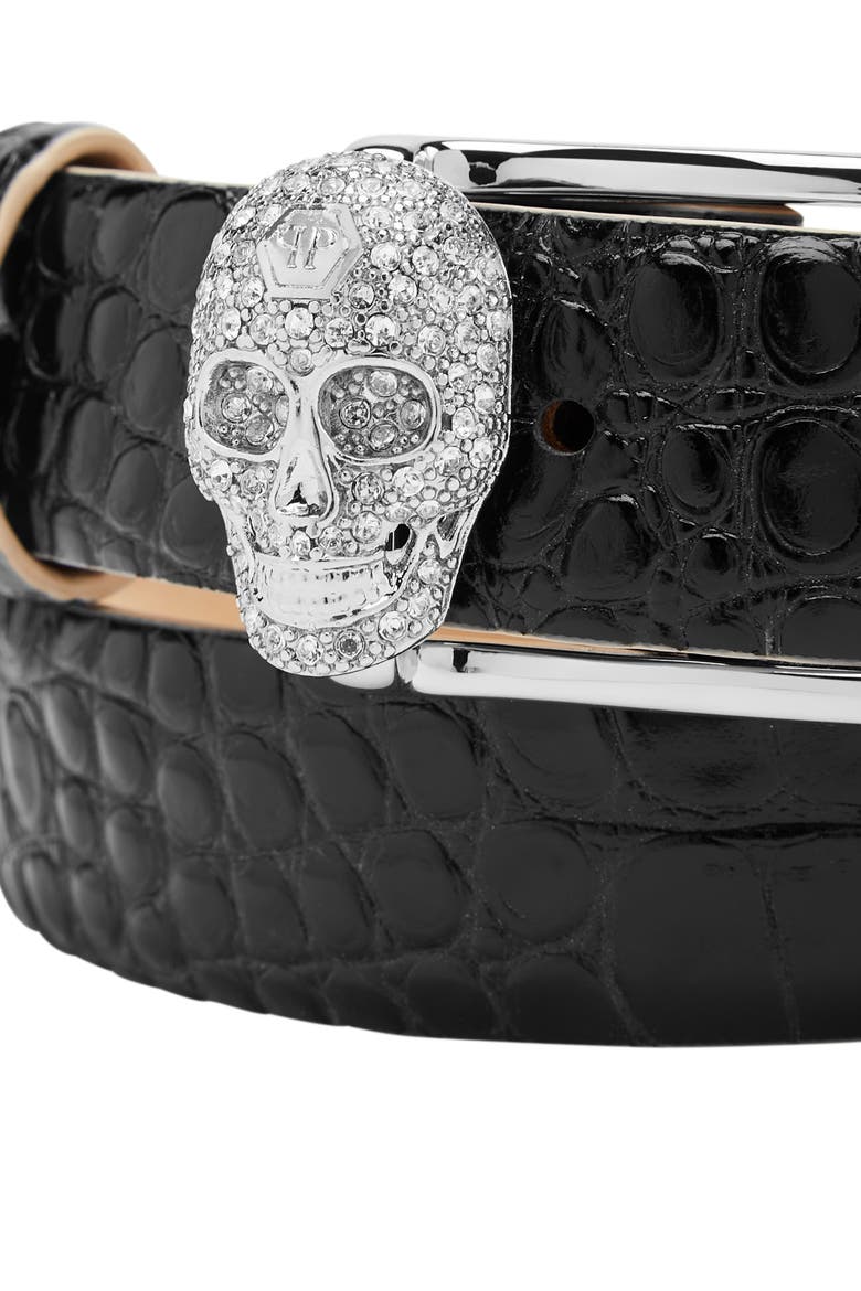 Leather Belt Crocco Print Shiny Skull Women, Alternate, color, black