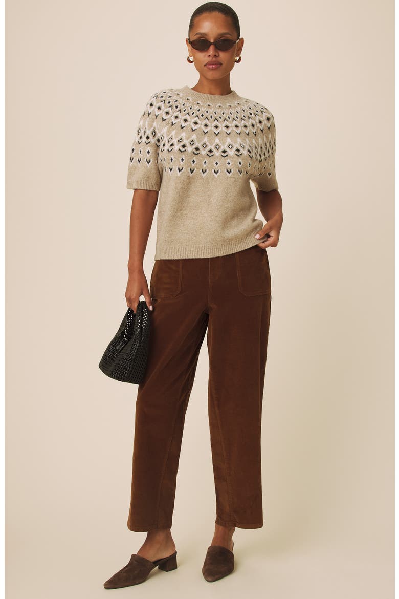 Fair Isle Short Sleeve Sweater, Alternate, color, LIGHT CAMEL BROWN