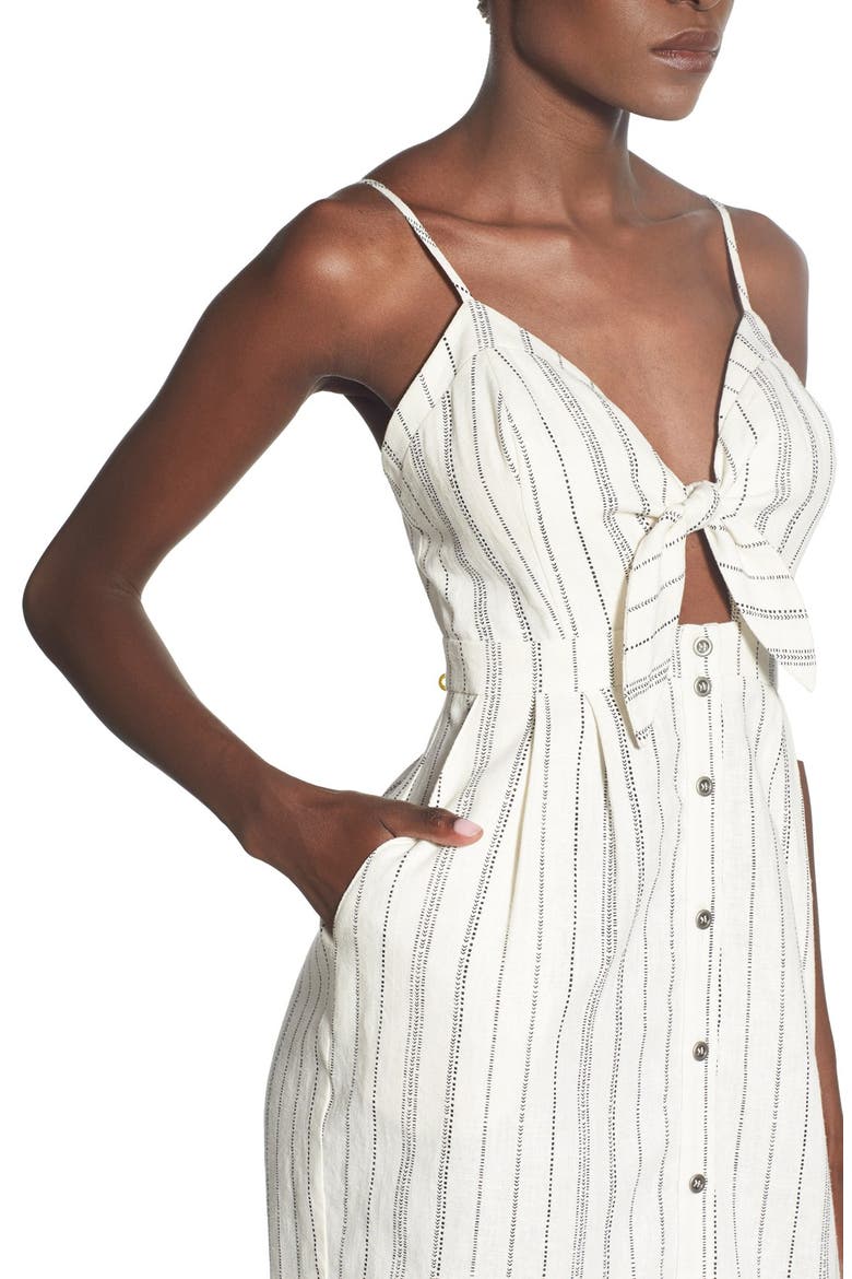 ASTR Tie Front Button Down Midi Dress, Alternate, color, WHITE-BLK