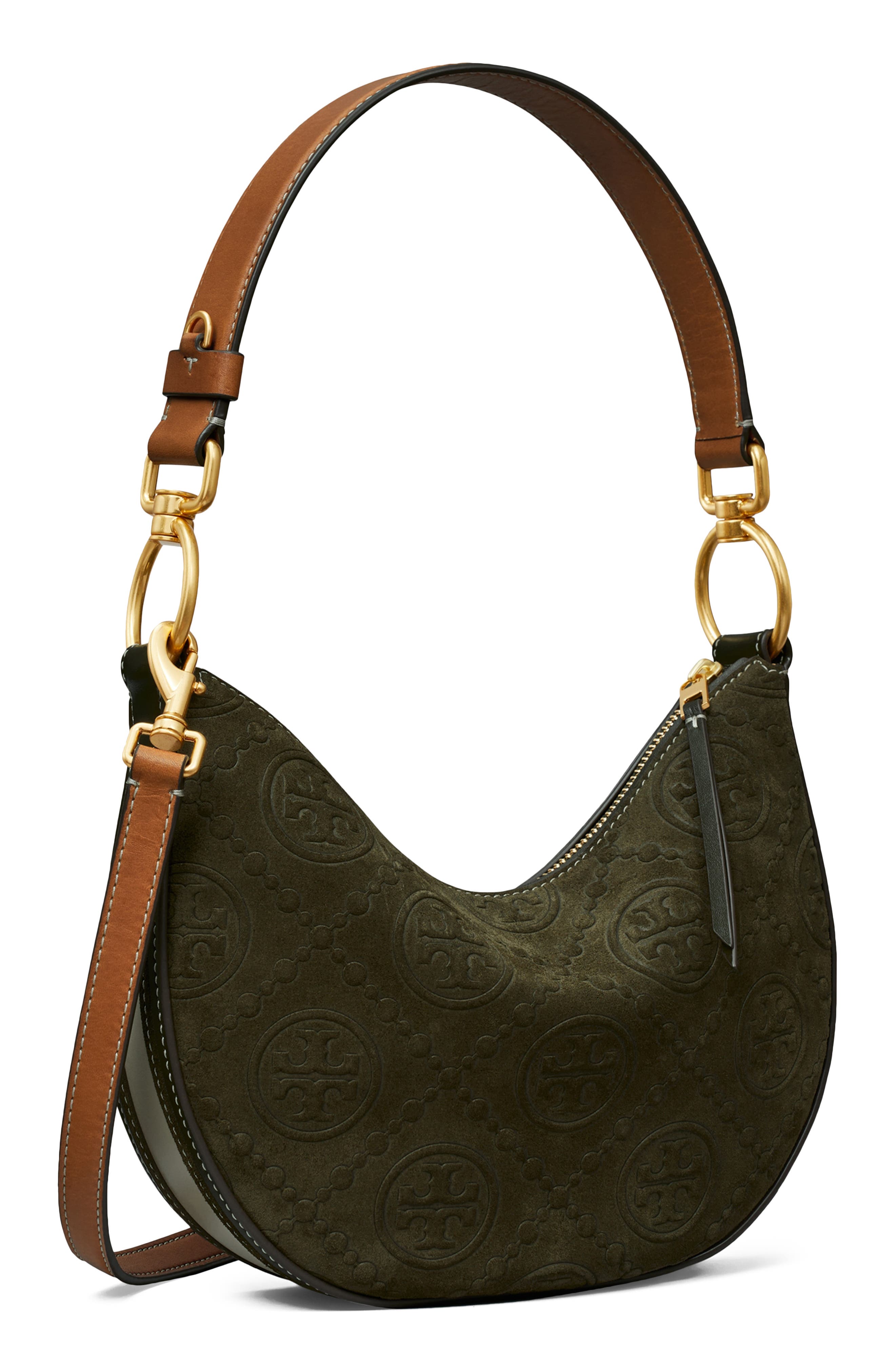 Tory Burch T Monogram Suede Mini Crescent Shoulder Bag, Alternate, color, 