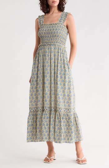 MAX STUDIO Smocked Bodice Maxi Dress in Cream/Blue Diagonal Sunflower at Nordstrom Rack, Size X-Small
