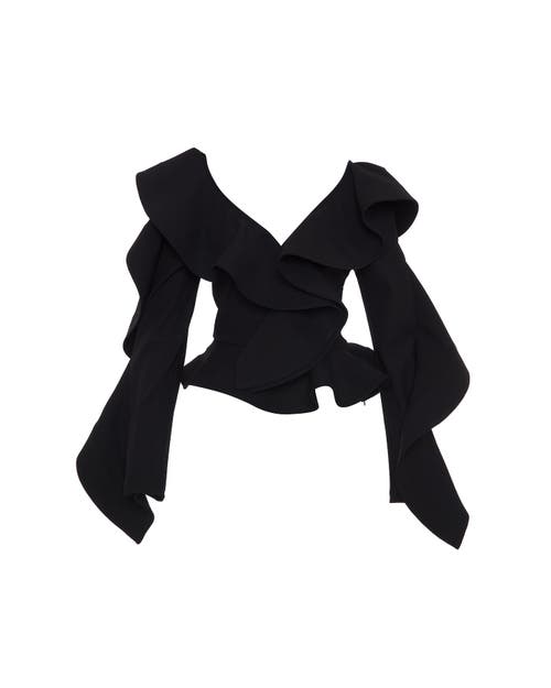 Theo The Label Gaia Ruffle Shoulder V-neck Top In Black