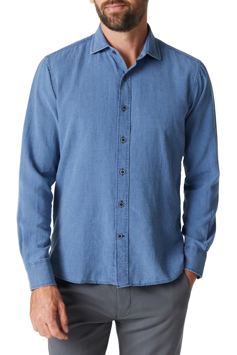 Microchecks Linen & Cotton Button-Up Shirt, Main, color, NDIGO