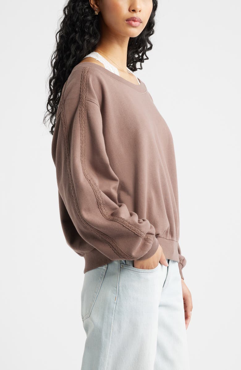 BP. Lace Trim Off the Shoulder Cotton Blend Sweatshirt, Alternate, color, Brown Quartz