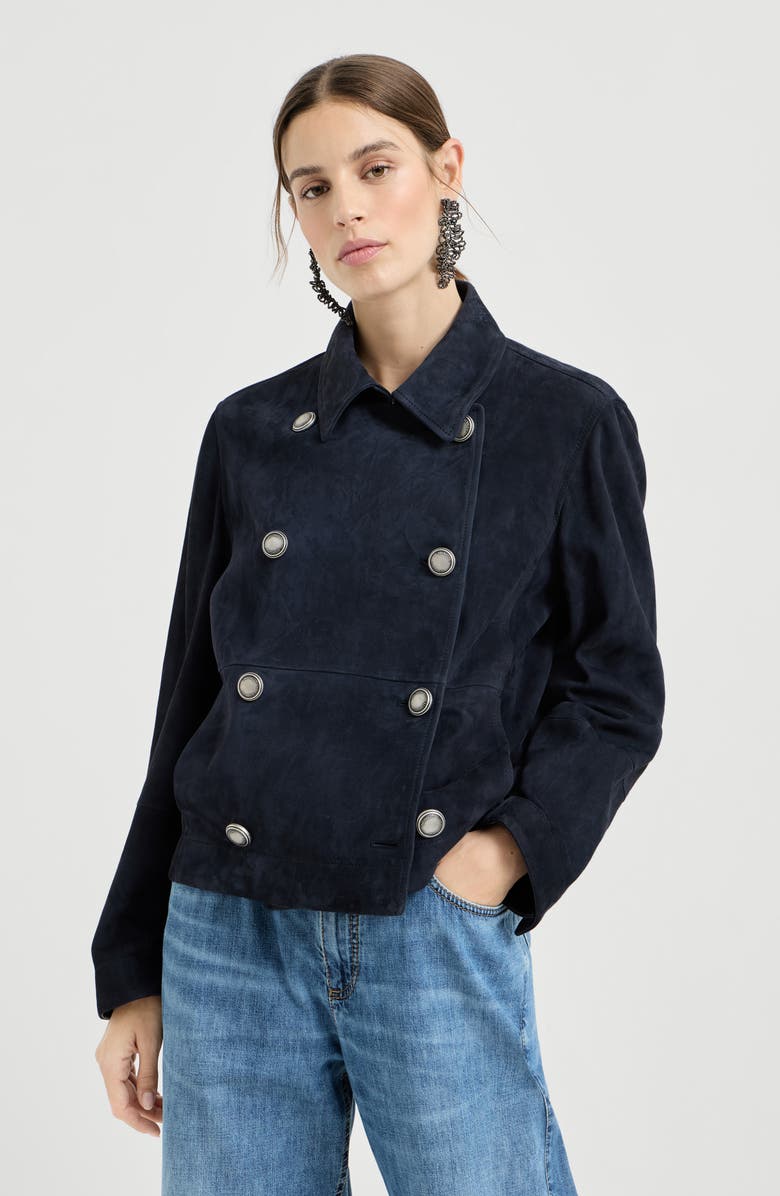 Brunello Cucinelli Couture suede cropped pea coat, Main, color, Blue