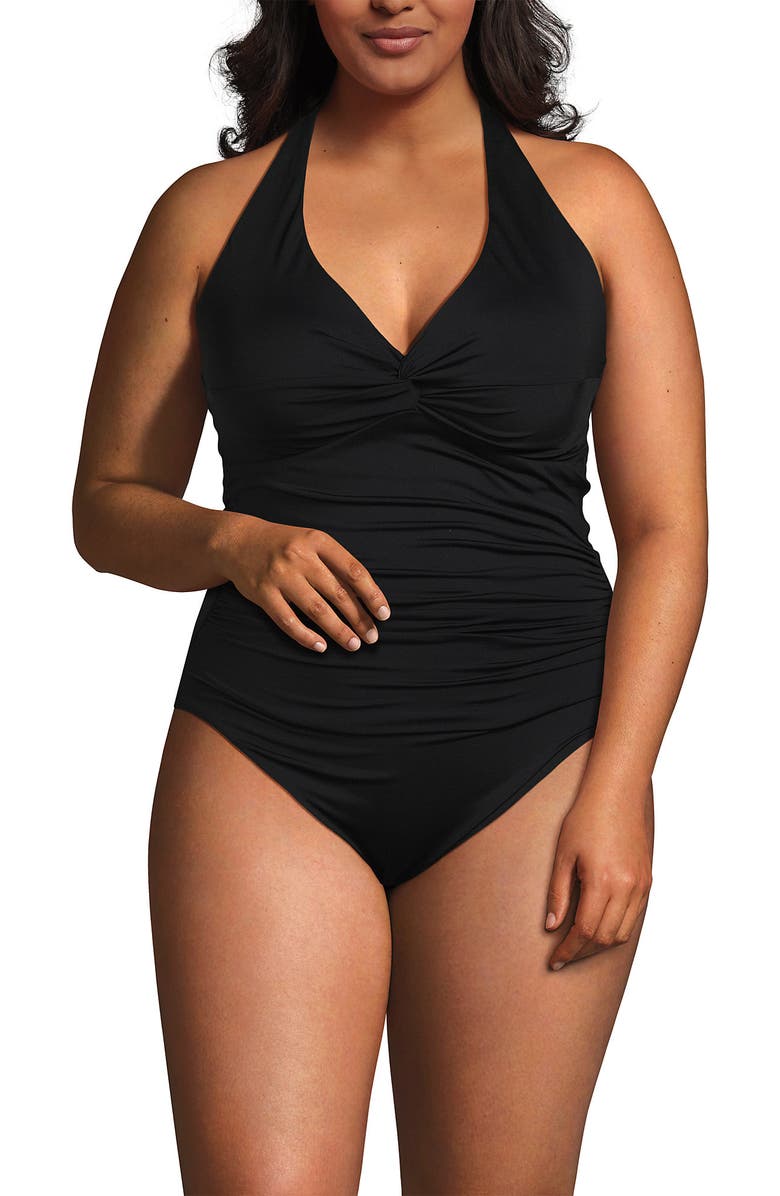 Lands' End Plus Size Knot Twist Halter One Piece, Alternate, color, Black