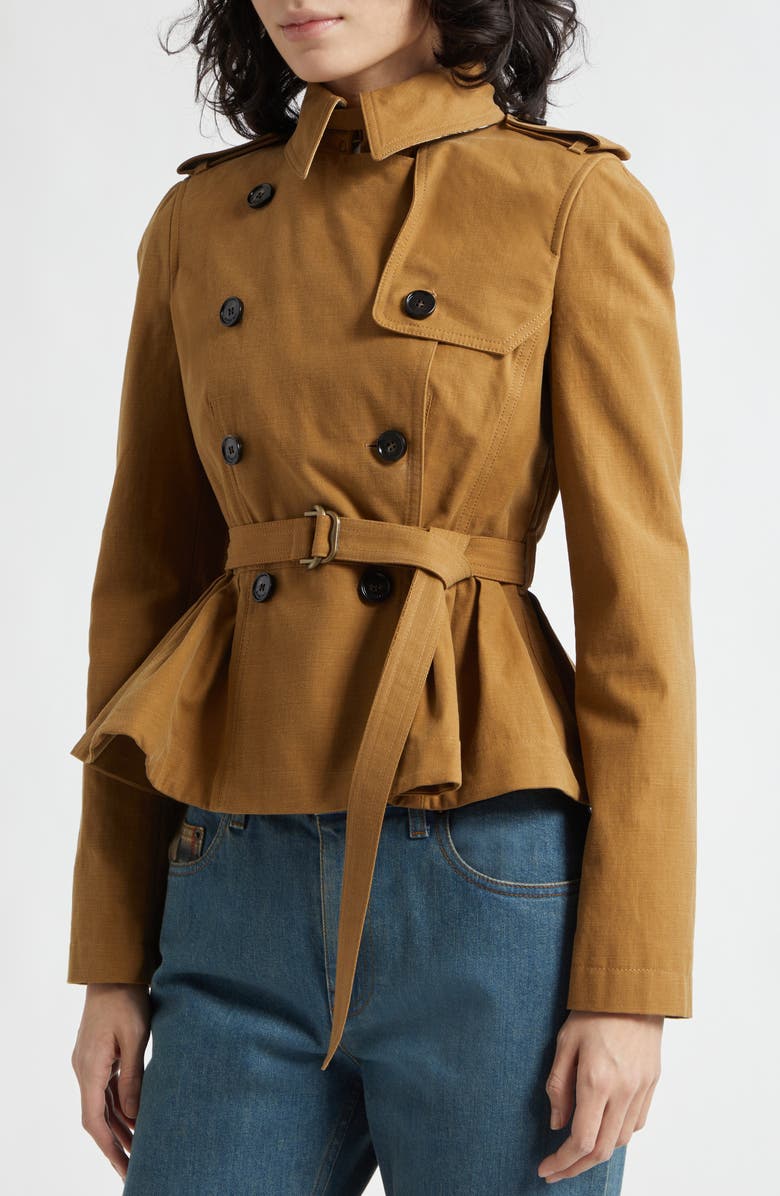 Burberry Isabella Peplum Trench Jacket, Alternate, color, Teak Brown