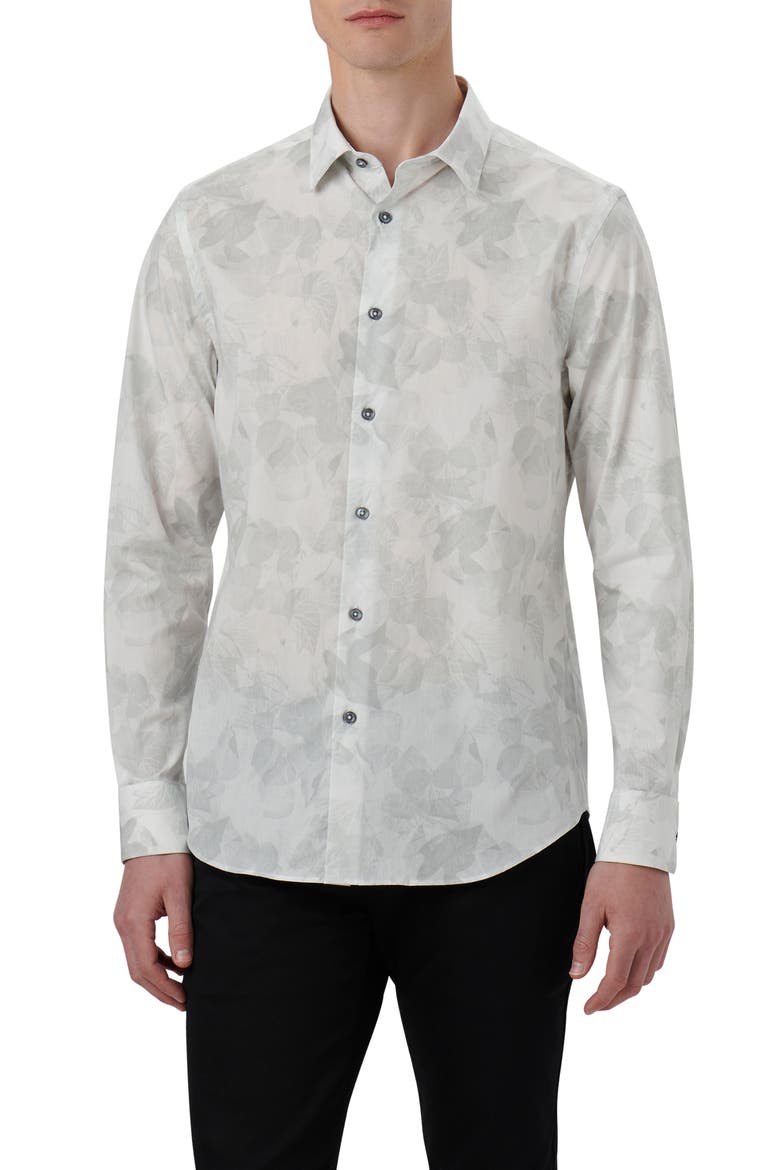 Julian Shaped Fit Leaf Print Stretch Cotton Button-Up Shirt, Main, color, CHALK
